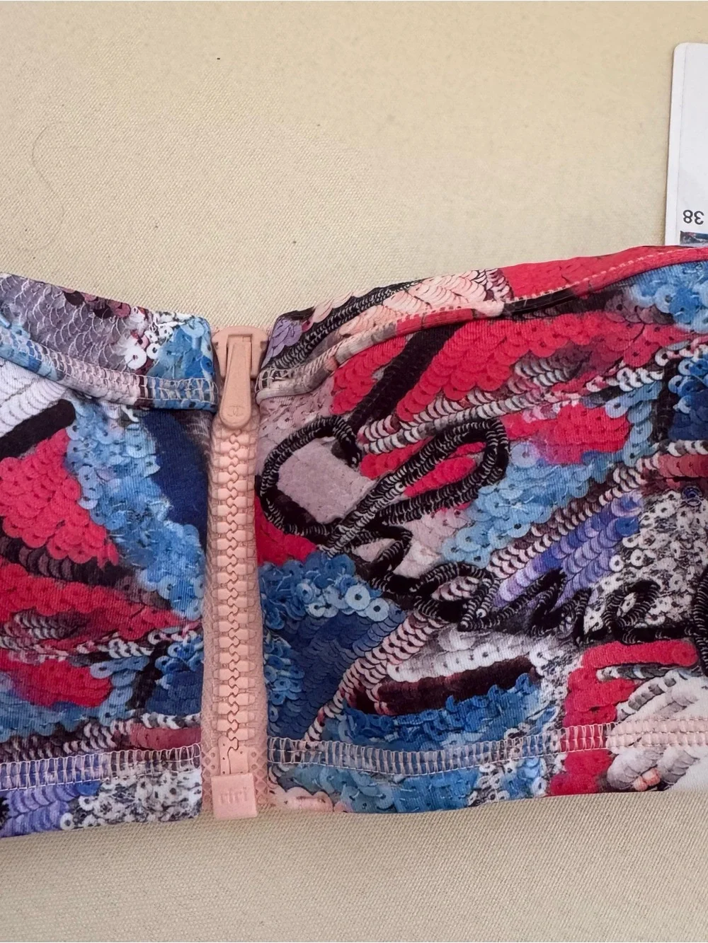 CHANEL Multicolor Sequin print bathing suit Top with Pink Center Zipper.
